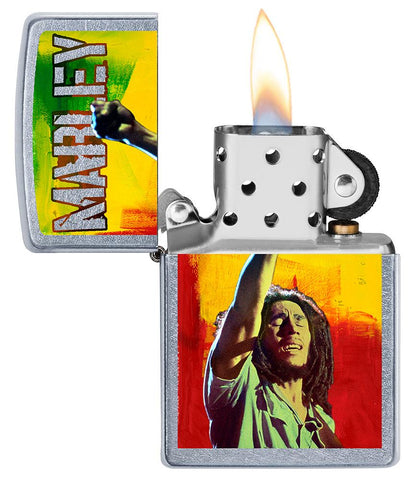 Zippo-aansteker chroom Bob Marley met opgeheven vuist open met vlam