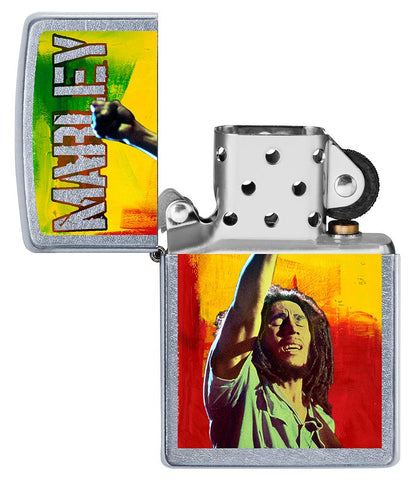 Zippo-aansteker chroom Bob Marley met opgeheven vuist open