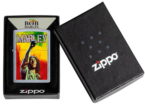 Zippo-aansteker chroom Bob Marley met opgeheven vuist in open doos