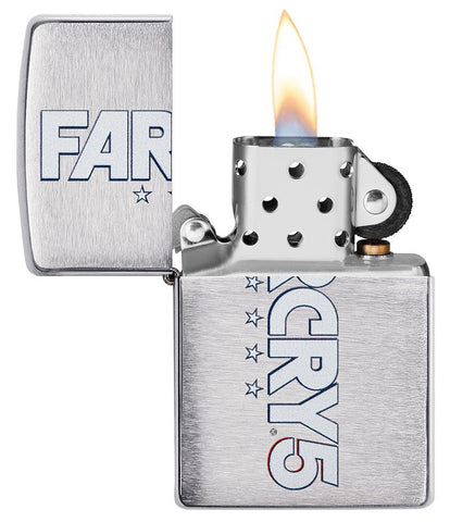 Zippo-aansteker geborsteld chroom met FarCry5-opdruk open met vlam