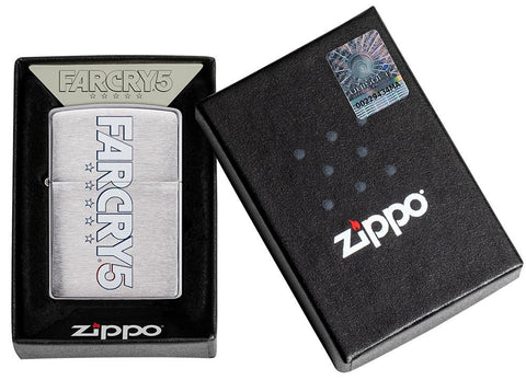 Zippo-aansteker geborsteld chroom met FarCry5-opdruk in open doos