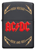 Vooraanzicht Zippo-aansteker AC/DC Cover Black Matte, High Voltage Rock and Roll-logo