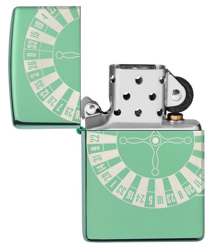 Zippo-aansteker High Polish Green met roulettetafel open