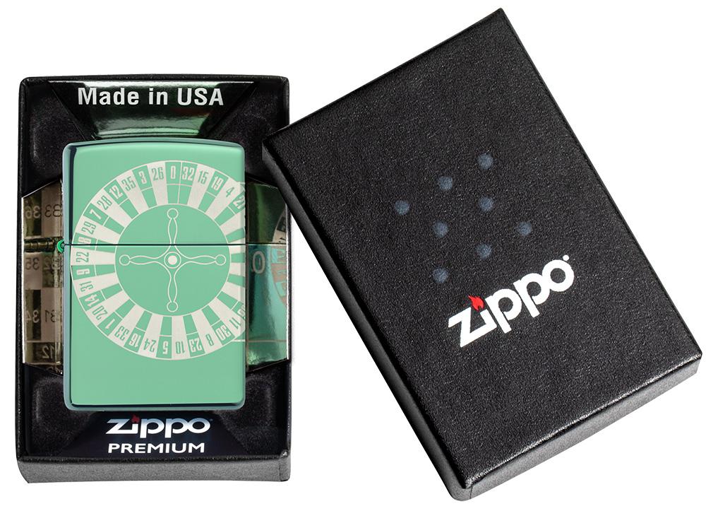 Zippo-aansteker High Polish Green met roulettetafel in open doos