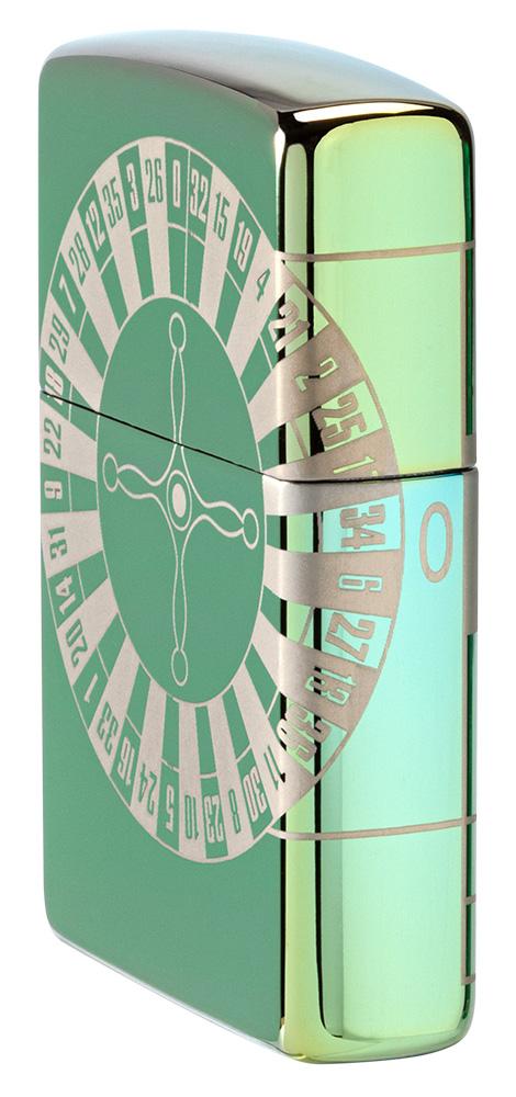Zijaanzicht voorkant Zippo-aansteker High Polish Green met roulettetafel