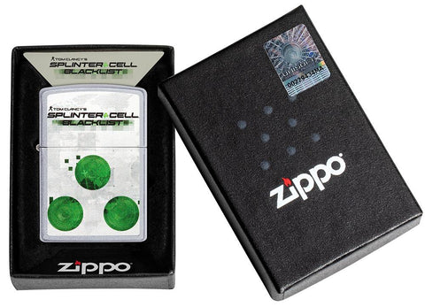 Vooraanzicht Zippo-aansteker geborsteld chroom Tom Clancy's Splinter Cell® met print in open geschenkverpakking