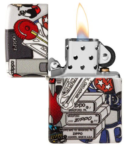 Frontansicht Zippo Feuerzeug Suchspiel mit Zippo Style geöffnet mit Flamme
