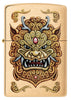 Vooraanzicht van de Zippo windproof aansteker Foo Dog Design, met daarop een keizerlijke gouden leeuw in de stijl van de Chinese kunst.