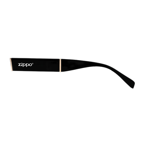 Zippo Bril Vooraanzicht in Zwart met Wit Zippo Logo en Scharnieren in Licht Roze