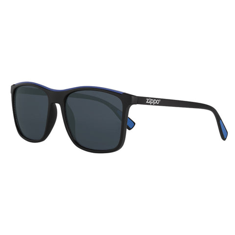 Vooraanzicht 3/4 hoek Zippo zonnebril zwarte glazen met zwart montuur en blauwe rubber coating