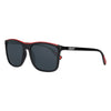 Vooraanzicht 3/4 hoek Zippo zonnebril zwarte glazen met zwart montuur en rode rubber coating